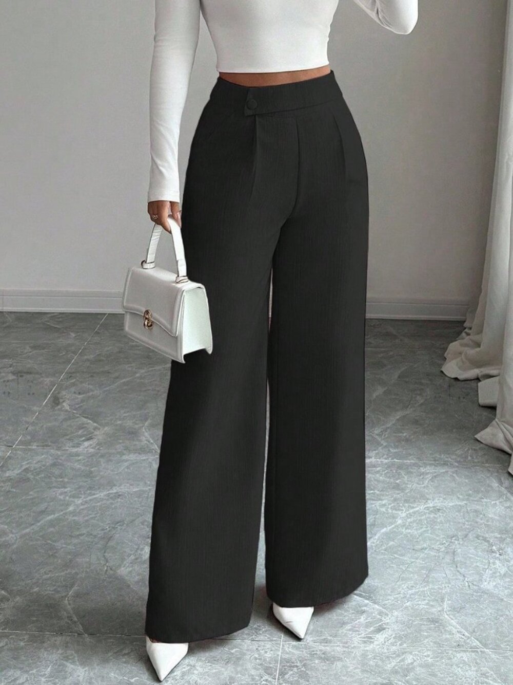 Black Casual Women's Elastic Waist Wide Leg Pants